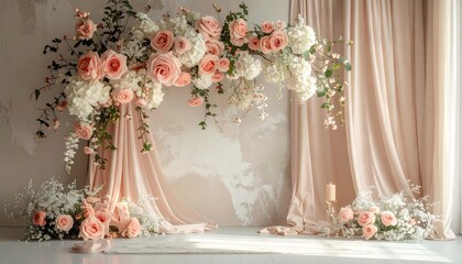 Elegant Wedding Arch with Pink and White Flowers and Draping Fabric.