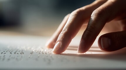 Human fingers gently reading Braille dots on paper, natural skin texture, shallow depth of field, empathy and accessibility concept, soft warm light