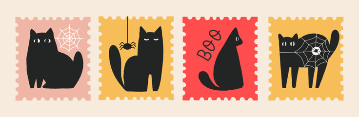 Halloween postage stamp set with black cats, spiders and spooky webs. Hand drawn flat illustration for holiday invitation or stickers