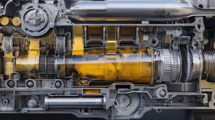 internal combustion engine cross section, oil circulating through channels, dark oil indicating active cleaning process, precise mechanical detail
