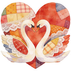 Two swans, their graceful necks intertwined to form a heart, symbolize love and unity against a vibrant heart patchwork background. Evoking feelings of tenderness and affection.