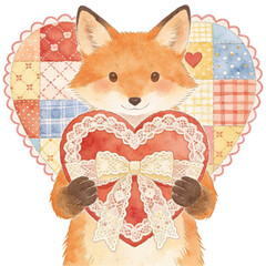 A charming illustration of a fox holding a heart-shaped gift. Perfect for conveying warmth, affection, and celebration.