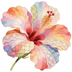 A captivating watercolor artwork of a vibrant, multi-colored hibiscus, showcasing delicate petals and intricate textures with a unique aesthetic.