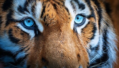 close up of tiger face with blue eyes and detailed fur texture showing intense and majestic expression in natural light