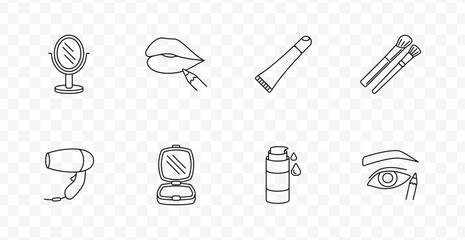Cosmetic makeup set icon. Mirror, lips with pencil, cream tube, brushes, hair dryer, compact, serum bottle, eye with pencil in beauty application line style.