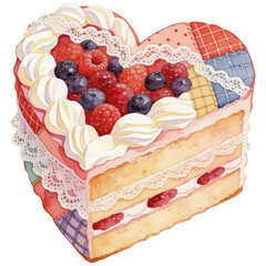 A visually captivating heart-shaped cake, adorned with an array of fresh berries and luscious whipped cream, beckons with its irresistible charm. 