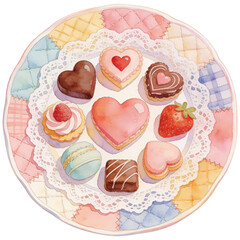 An artistic arrangement of assorted heart-shaped pastries, sweets, and treats, delicately presented on a charming, hand-painted plate, evoking feelings of love and indulgence.