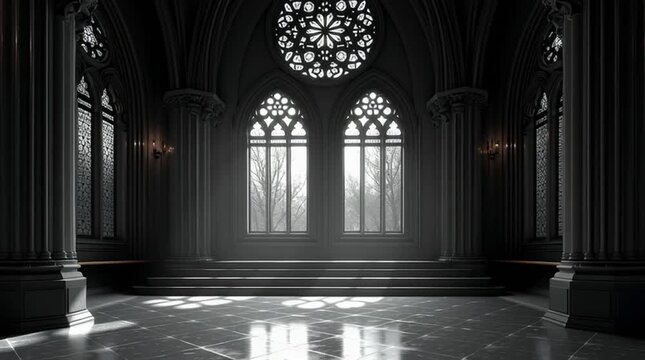 gothic window in historic monastery, ornate monastery window with medieval stonework, large gothic window in tranquil cloister
