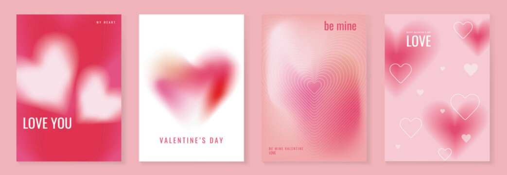 Valentine's Day heart posters set vector background illustration with pink and purple gradients and layered hearts. Romantic design for greeting cards, banners, social media and prints.