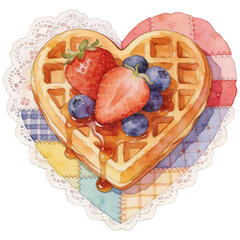 A Heart-shaped waffle with fresh berries, dripping with sweet syrup, on a detailed doily and a patchwork backdrop, creates an irresistible appeal.