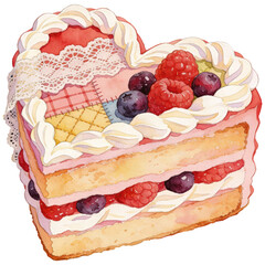 A delectable heart-shaped cake, adorned with vibrant berries, fluffy cream, and delicate lace, offers a sweet and romantic treat.