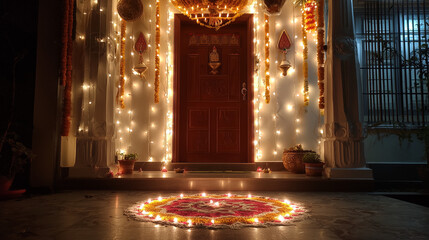 Dhanteras home entrance decorated with diyas and lights.