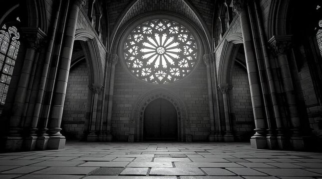 gothic window in historic monastery, ornate monastery window with medieval stonework, large gothic window in tranquil cloister