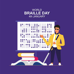 Blind young man with stick and book. Person with disability have a braille book