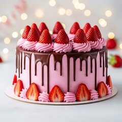 Delicious Strawberry Drip Cake with Pink Frosting and Chocolate Ganache.