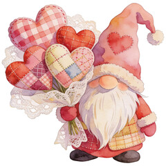 A whimsical gnome tenderly presents a bouquet of heart-shaped plushies, evoking feelings of love, romance, and the sweetness of Valentine's Day.