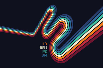 A retro 1970s-style background. Colorful lines. Abstract, dynamic curved ribbons. A serpentine curve of a race track. Designed for posters or banners for sports competitions. Vector illustration. © Login