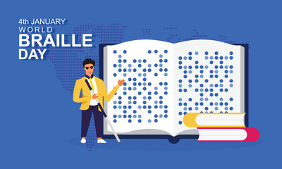 Blind young man with stick and book. Person with disability have a braille book