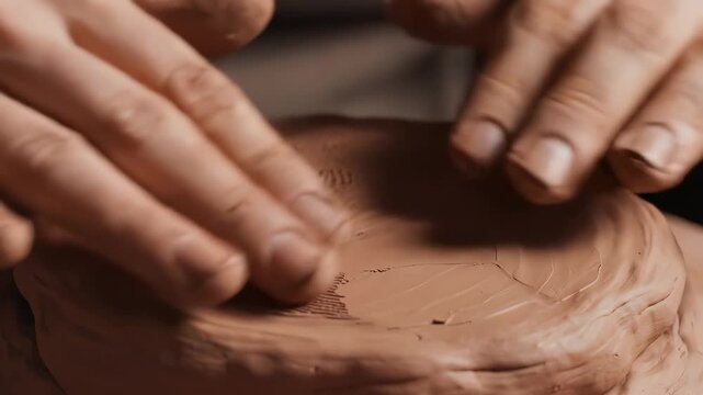 Hands shaping clay with fingerprint pattern