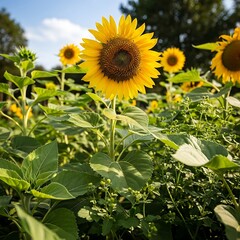 Sunflowers in a field under a bright blue sky.