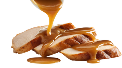 Gourmet honey dripping from a wooden spoon provides a delicious sweet sauce for a healthy breakfast or a roasted dessert dish served on a white plate in a restaurant