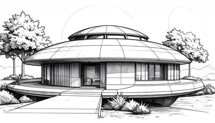 Futuristic Round House Sketch with Trees and Pathway.