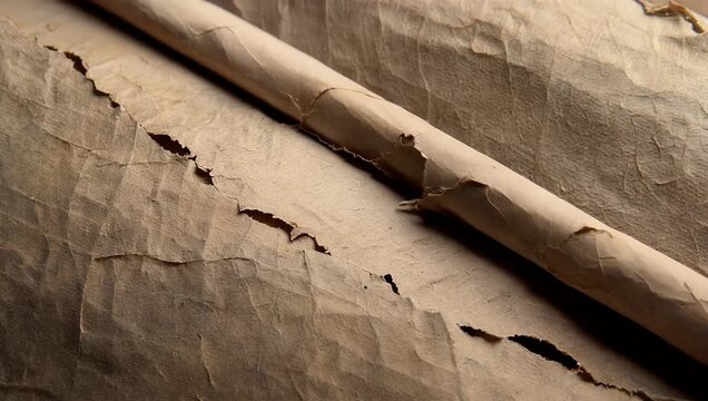 aged parchment scroll unfurling with textured details and rough torn edges revealing shadows