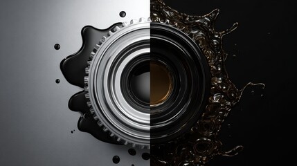oil change process concept, contrast between clean engine metal and dark working oil, minimalistic technical composition
