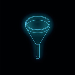 Neon blue funnel glowing on a dark background, representing filtering, sorting, and concentration of data or resources