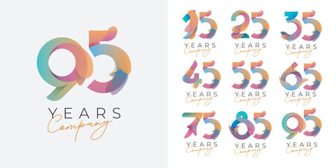 Set 15 25 35 to 95 years anniversary logotype colorful template design