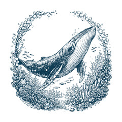 Majestic whale swimming underwater illustrated in detailed black and white engraving style, circular marine life vector artwork for ocean and nature themed design