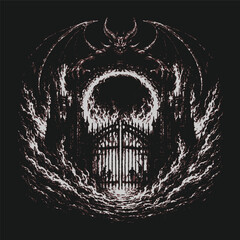 Dark hell gate formed from skulls and fire illustrated in intense black and white engraving style, infernal fantasy artwork for horror and occult design