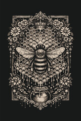 Ornamental bee illustration in vintage black and white engraving style, symbolic insect artwork with floral details for tattoo, emblem, and poster design
