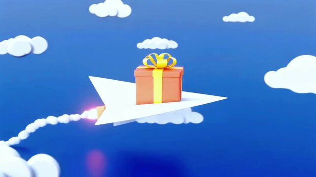 A white paper airplane zooms through a blue sky, carrying a red gift box with a yellow ribbon.