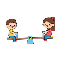 Happy Kids Playing Seesaw Balance Concept Cute Flat Illustration
