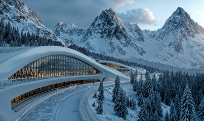 Futuristic winter sports stadium with modern architecture in snow-covered alpine mountains under soft winter sunlight, empty international event venue Italy