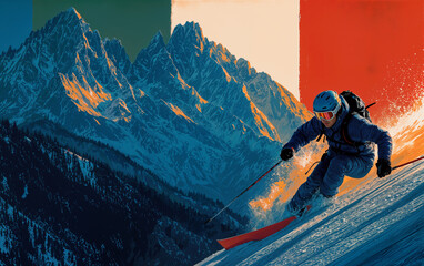 Skier skiing fast downhill on snowy mountain with Italian flag colors background and dramatic sky in digital illustration style