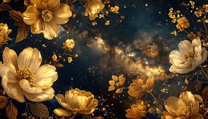 Golden Floral Galaxy - A Celestial Garden of Blooming Flowers.