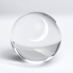 Clear Crystal Orb with Crescent Moon Engraving on White Surface Soft Lighting Studio Photography