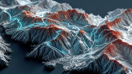 3D topographic map Italian Alps with glowing neon blue winding ski slopes futuristic winter sports competition 2026 Milano Cortina high detail isometric view