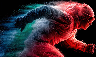 Dynamic winter athlete in jumping pose with colorful powder explosion in red, green, and white representing Italian flag colors on black background, high contrast sports action image