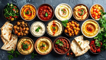 Assortment Of Middle Eastern Dips And Spreads With Pita Bread And Garnishes In Rustic Bowls