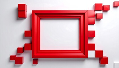 Red Frame with Pixelated Blocks on White Background.