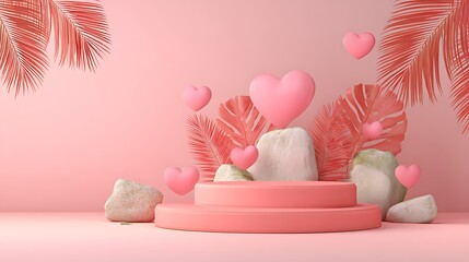 Pastel-toned rendering with hearts, foliage, and stone accents for a romantic composition