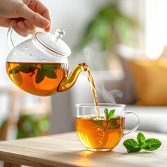 Hand Pouring Hot Herbal Tea From Glass Teapot With Mint Leaves Into Clear Glass Cup Steam Rising In Soft Natural Light