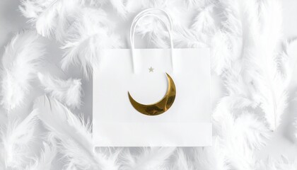 Elegant White Gift Bag Adorned With A Golden Crescent Moon And Star Symbol Surrounded By Soft White Feathers