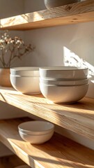 Warm Sunlight Illuminates Stacked Ceramic Bowls on Rustic Wooden Shelves with Dried Flowers Accentuating Cozy Kitchen Decor