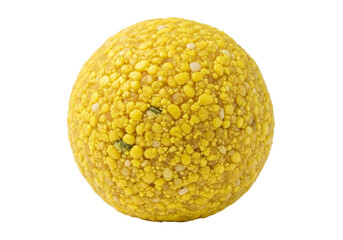 yellow textured sphere closeup with bumpy surface on white background