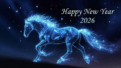 Neon Polygon Horse Running in Blue Glow Happy New Year 2026 Digital Illustration.