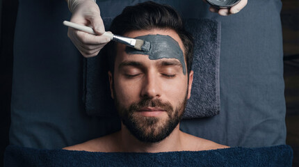 Handsome bearded man receiving facial mask with brush in spa salon. Relaxed male enjoying skin care procedure. Top view of beauty treatment and grooming concept.